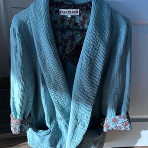 Free People Blue Textured Jacket with Floral Cuffs and Lining